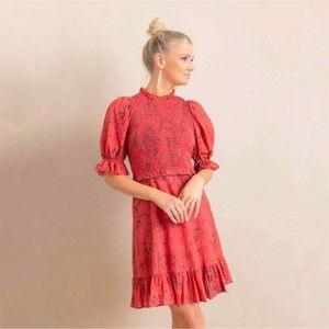 SEA New York Womens Dress 6 Mimi Floral Print Puff Sleeve Smocked Ruffle Red New